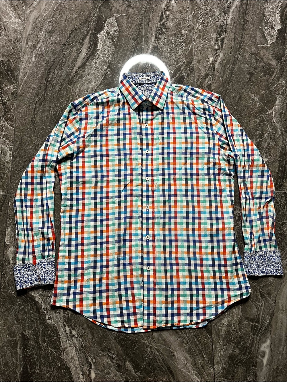Bugatchi Uomo Shirt Mens L Large Shaped Fit Multi Color Plaid Flip Cuff LS